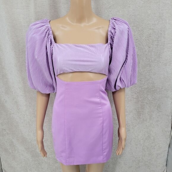 Runway the Label Lenny Purple Lavendar Mini Dress in Iris Cut Out Puffed Sleeves - Picture 8 of 16